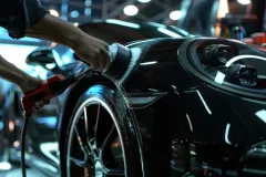 mechanic polishing black car with polisher
